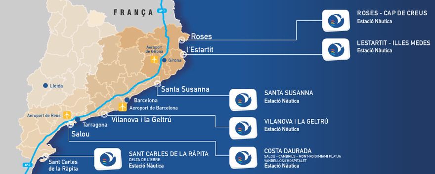 La carte des 6 centres nautiques balnéaires de Catalogne