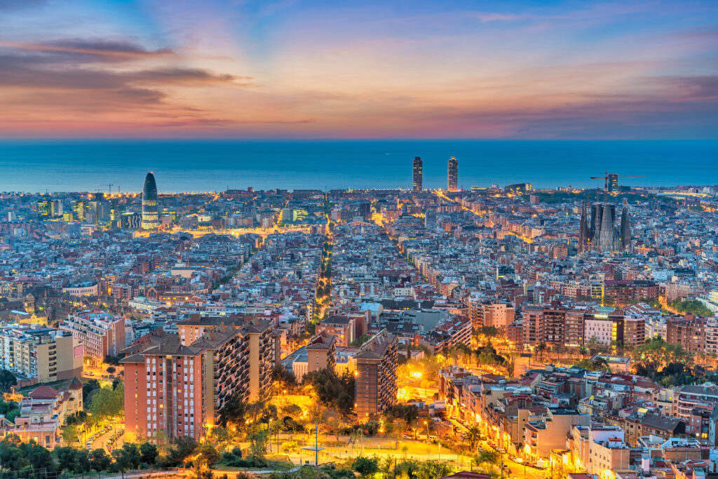 Barcelona Spain, High Angle View Night City Skyline From Bunkers